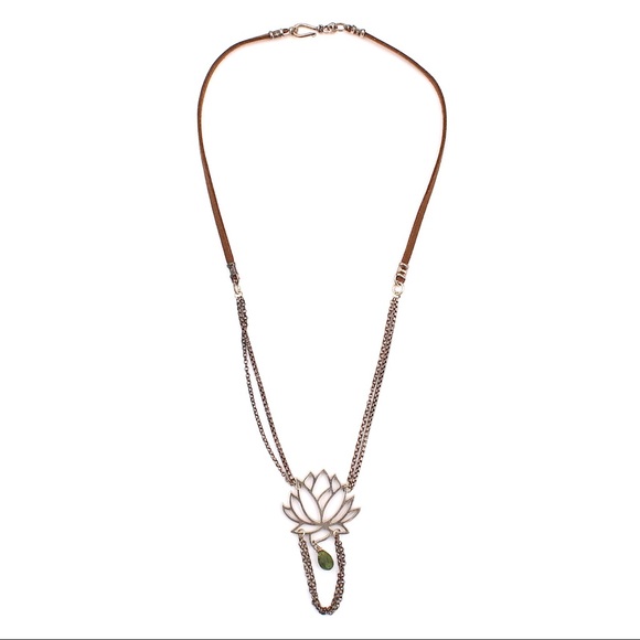 Sterling Silver Lotus Pendant Necklace Nephrite Jade Gemstone & Brown Leather - Picture 2 of 6